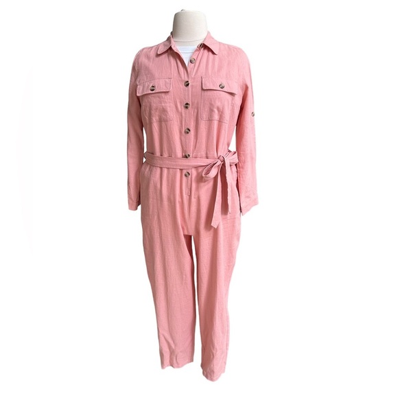 ModCloth Pink Linen Jumpsuit‎ with Belt Size: XL - Picture 1 of 16